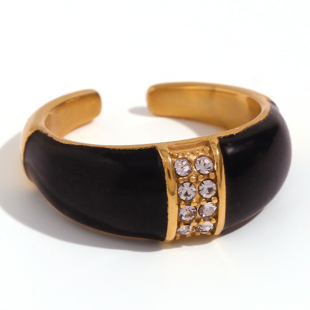 Minimalist Geometric Stainless Steel Ring with 18K Gold Plating and Enamel Finish for Women