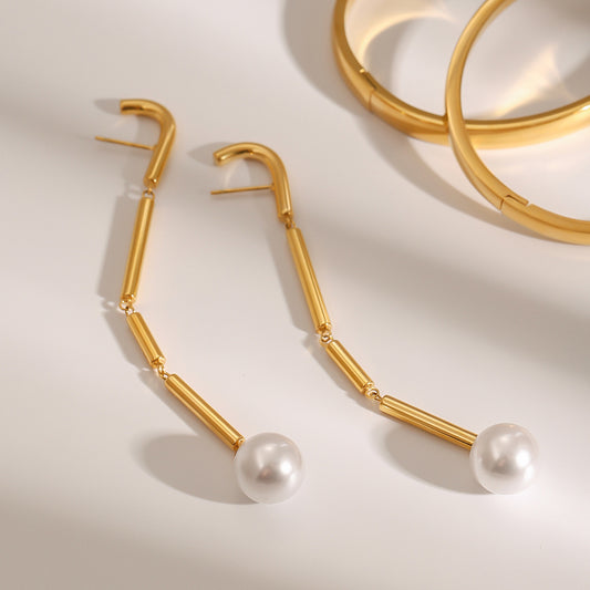 Orecchini pendenti da donna minimalisti geometrici in acciaio inossidabile con finitura placcata e accenti di perle