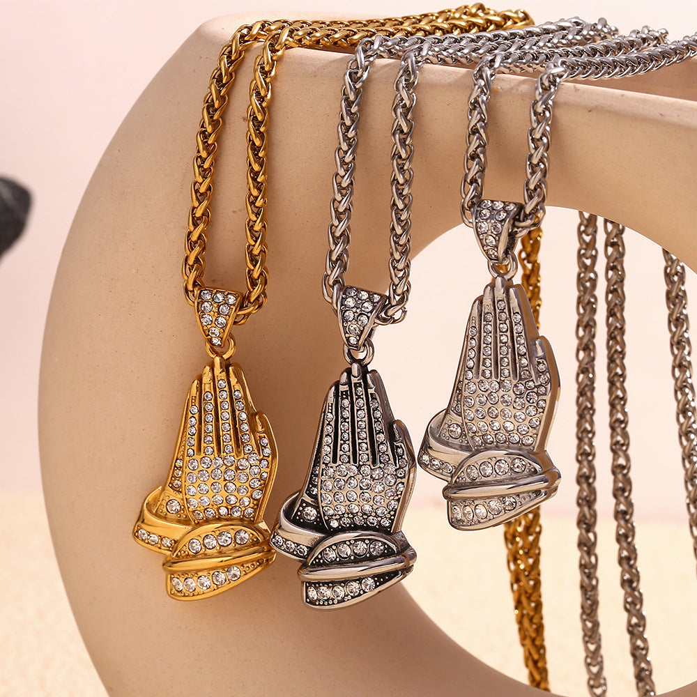 Vintage Hip Hop Geometric Stainless Steel Plated 18K Gold Palm Gesture Pendant Necklace for Men with Twisted Chain