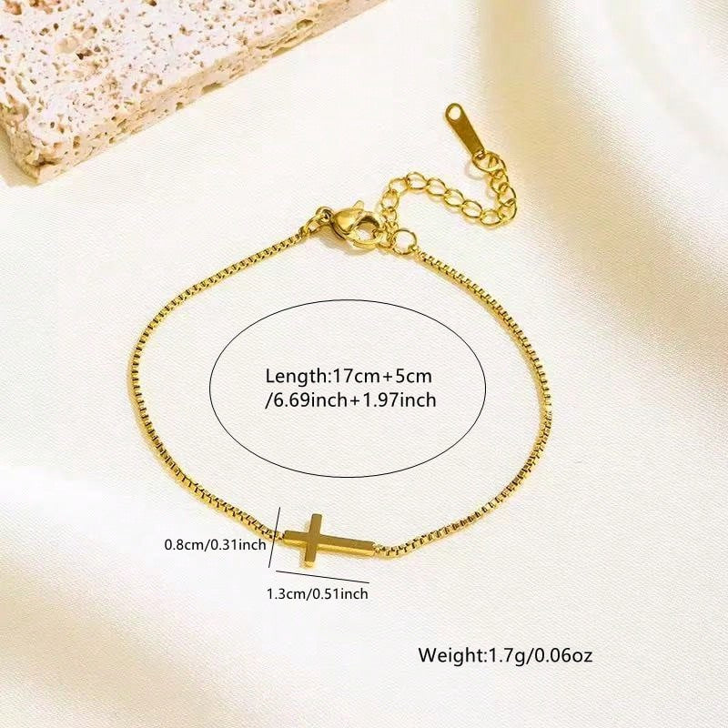 Minimalist Elegant Gold Plated Stainless Steel Cross Geometric Bracelet with Cubic Zirconia for Women