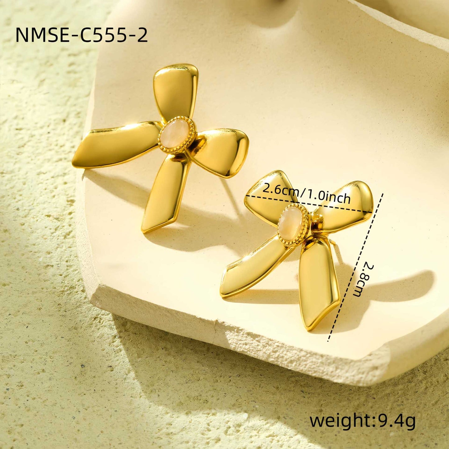 Orecchini Vintage a Fiocco in Acciaio Inossidabile con Placcatura in Oro 18K e Intarsio in Pietra Naturale da Donna