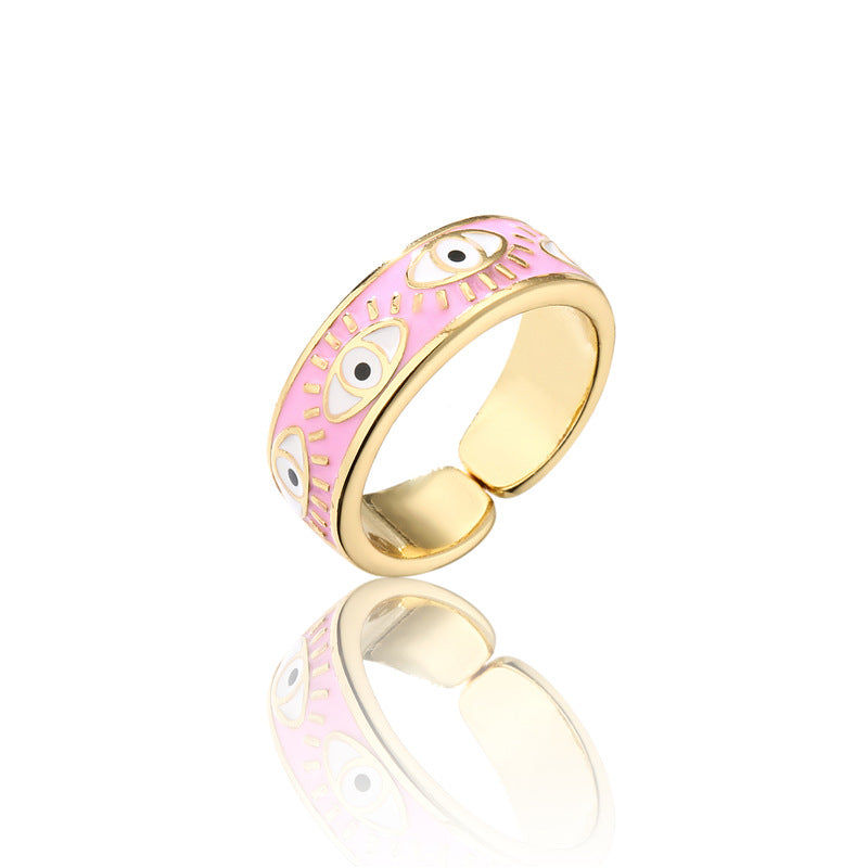 Anello aperto Occhio di Allah geometrico alla moda per donna con finitura smaltata in cinque colori e pavé di microzirconi