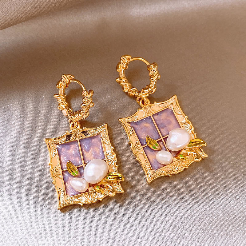 Vintage Floral and Geometric Enamel Earrings for Women with Gold-Plated Brass Base and Stainless Steel Posts