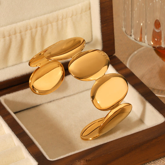Bracciale a Polsino Minimalista Ovale in Acciaio Inossidabile Placcato Oro 18K Design Aperto Gioielli Leggeri