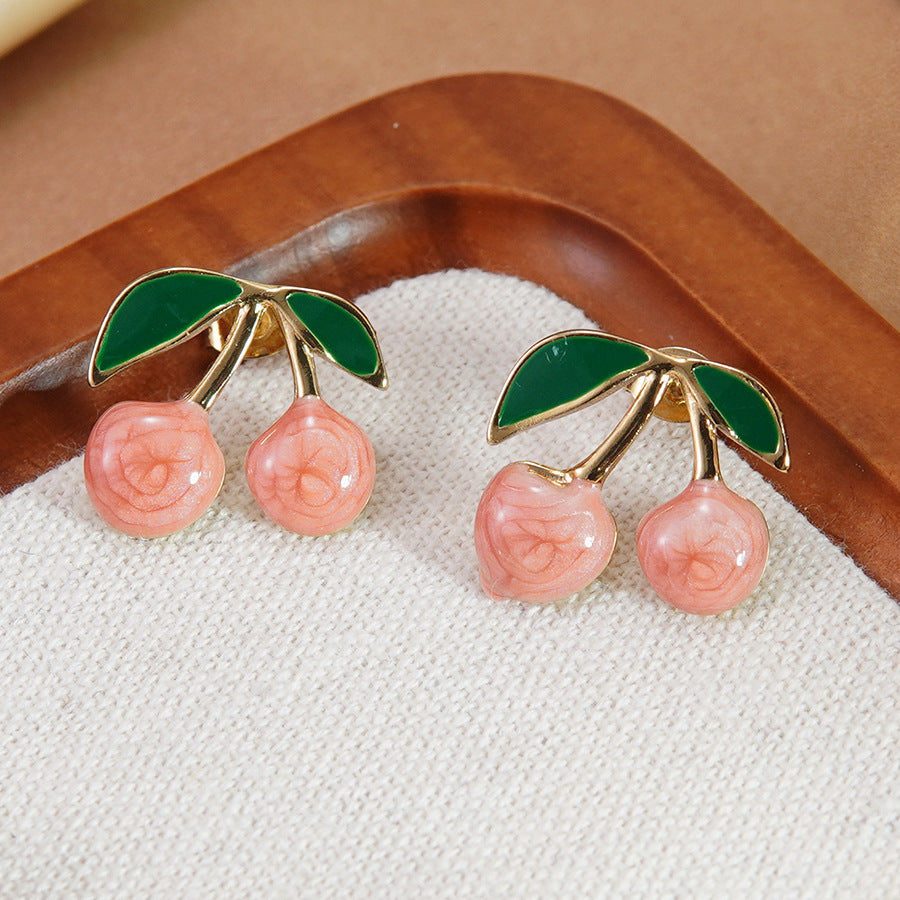 Sweet Drip Oil Stainless Steel Cherry Earrings for Women