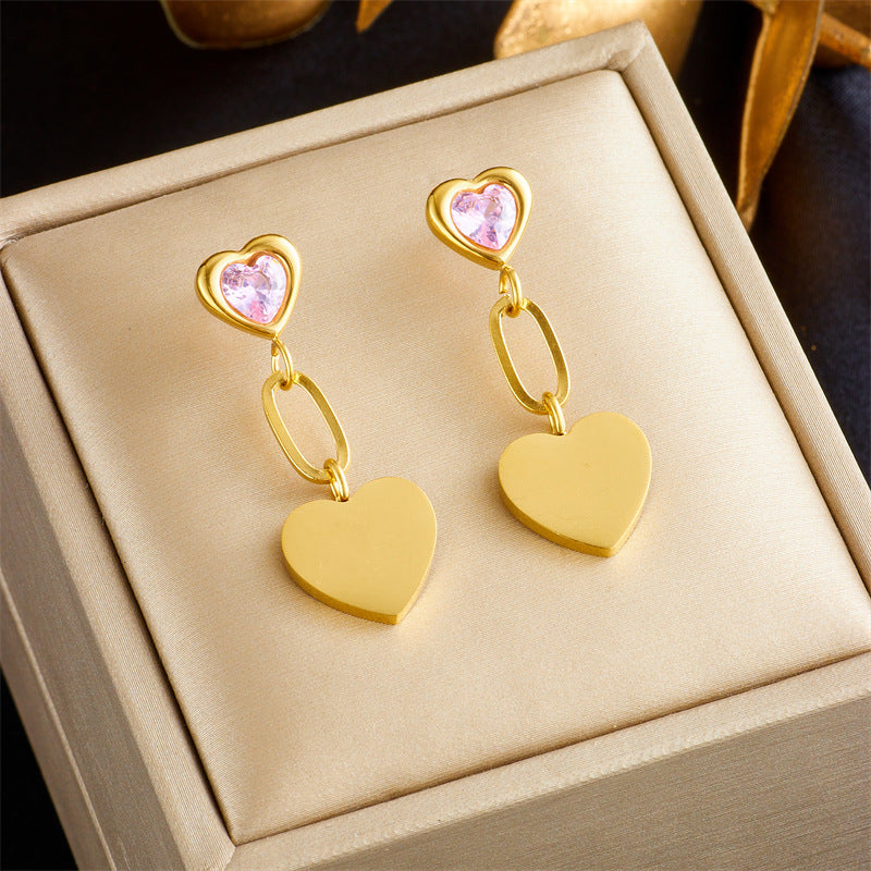 Minimalist Vintage Heart-Shaped Titanium Steel Gold-Plated Pendant Earrings with Rhinestone Inlay
