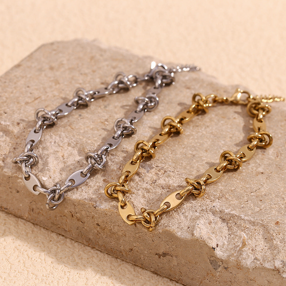 Minimalist Geometric Stainless Steel Plated 14K Gold Coffee Bean Knotted Handmade Anklet for Women
