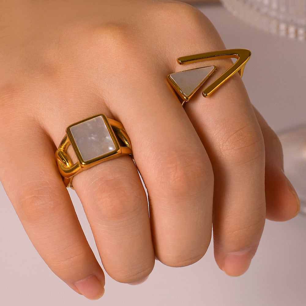 Vintage Minimalist Geometric Stainless Steel Ring with White Natural Shell Inlay and 18K Vacuum Plating