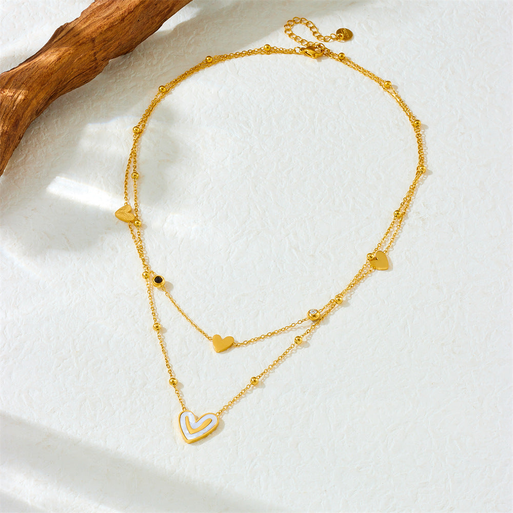 Minimalist Elegant Gold Plated Stainless Steel Heart Rhinestone Necklace with Layered Cable Chain for Women
