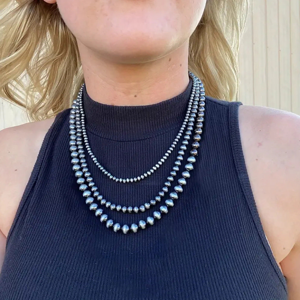 Vintage Western Geometric Brushed Stainless Steel Beaded Necklace with Imitation Pearl and Black Flash Beads