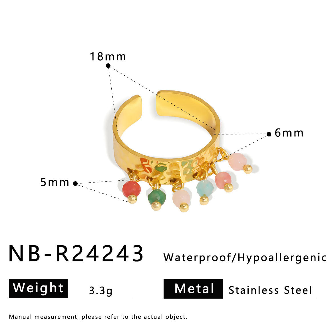 Anello Ins Style geometrico in acciaio inossidabile con placcatura in oro 18 carati, inserti in pietra naturale e conchiglia, fascia regolabile a nappa