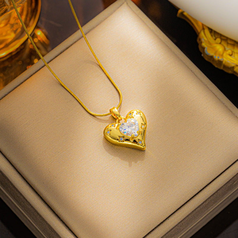Fashionable Heart-Shaped Titanium Steel Pendant Necklace with Micro-Paved Zirconia on Snake Chain for Women