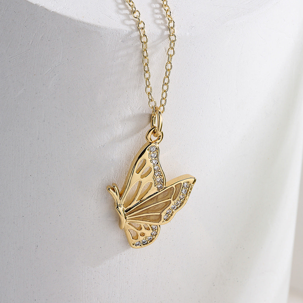 Minimalist Butterfly Pendant Necklace for Women with Copper Base Plated in 18K Gold and Enamel Finish Featuring Cubic Zirconia Accents