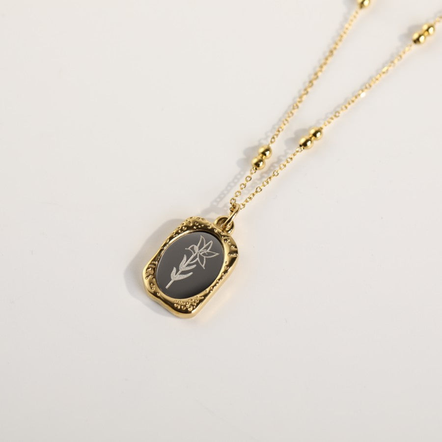 Vintage French Rose Flower Pendant Necklace 18K Gold Plated Titanium Steel Double Layer Beaded Chain