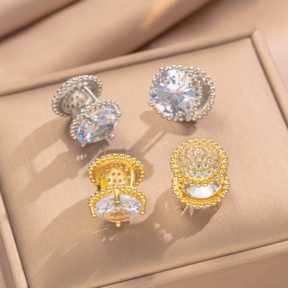 Eleganti Orecchini Geometrici Francesi Vintage con Zirconia in Ottone Placcato Oro 18K da Donna