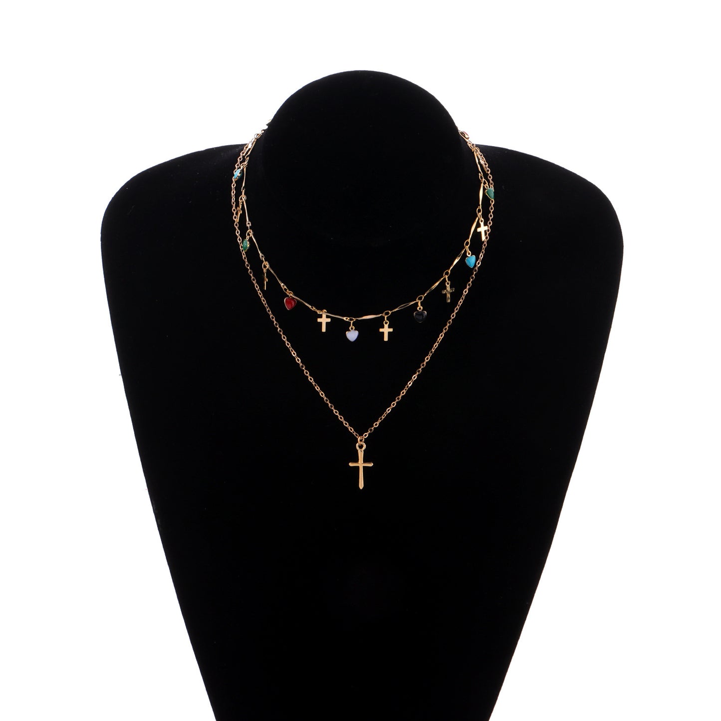 Minimalist Cross Heart Geometric Alloy Necklace with Colorful Rhinestone Enamel Drop, Plated Regular Chain for Women