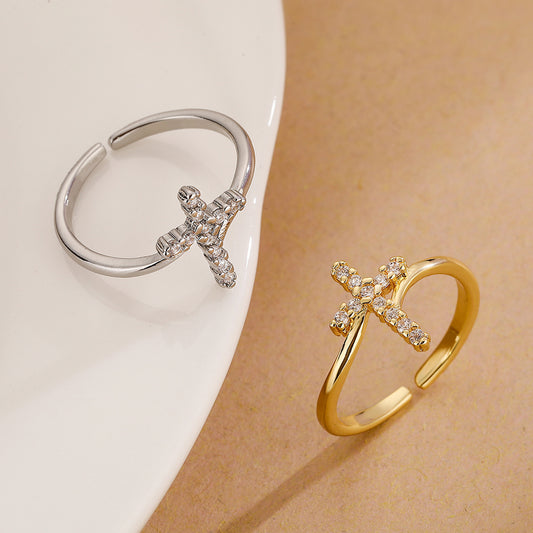 Minimalist Geometric Cross-Shaped Copper Ring with Gold Plating and Zircon Inlay for Women