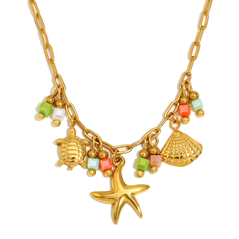 Minimalist Geometric Stainless Steel Plated 18K Gold Beach-Themed Ocean Pendant Necklace for Women with Shell Inlay