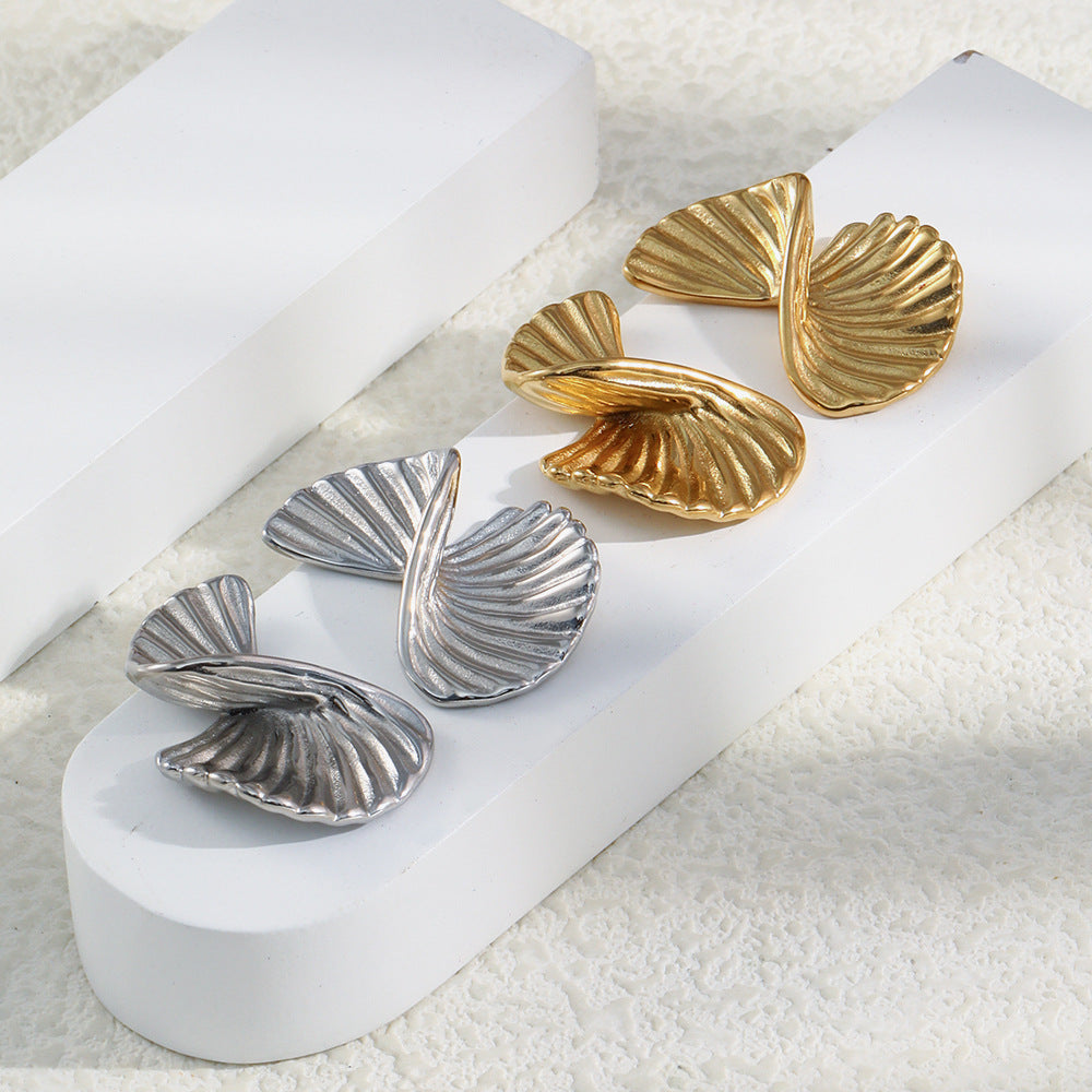 Minimalist Geometric Stainless Steel 18K Plated Twisted Fan-Shaped Earrings for Women