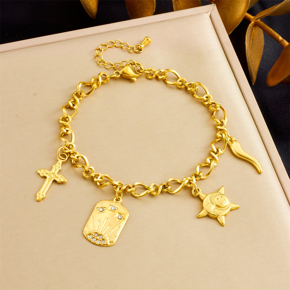 Fashionable Vintage Starfish Pendant Stainless Steel Bracelet for Women with Cross Motif and Plated Finish