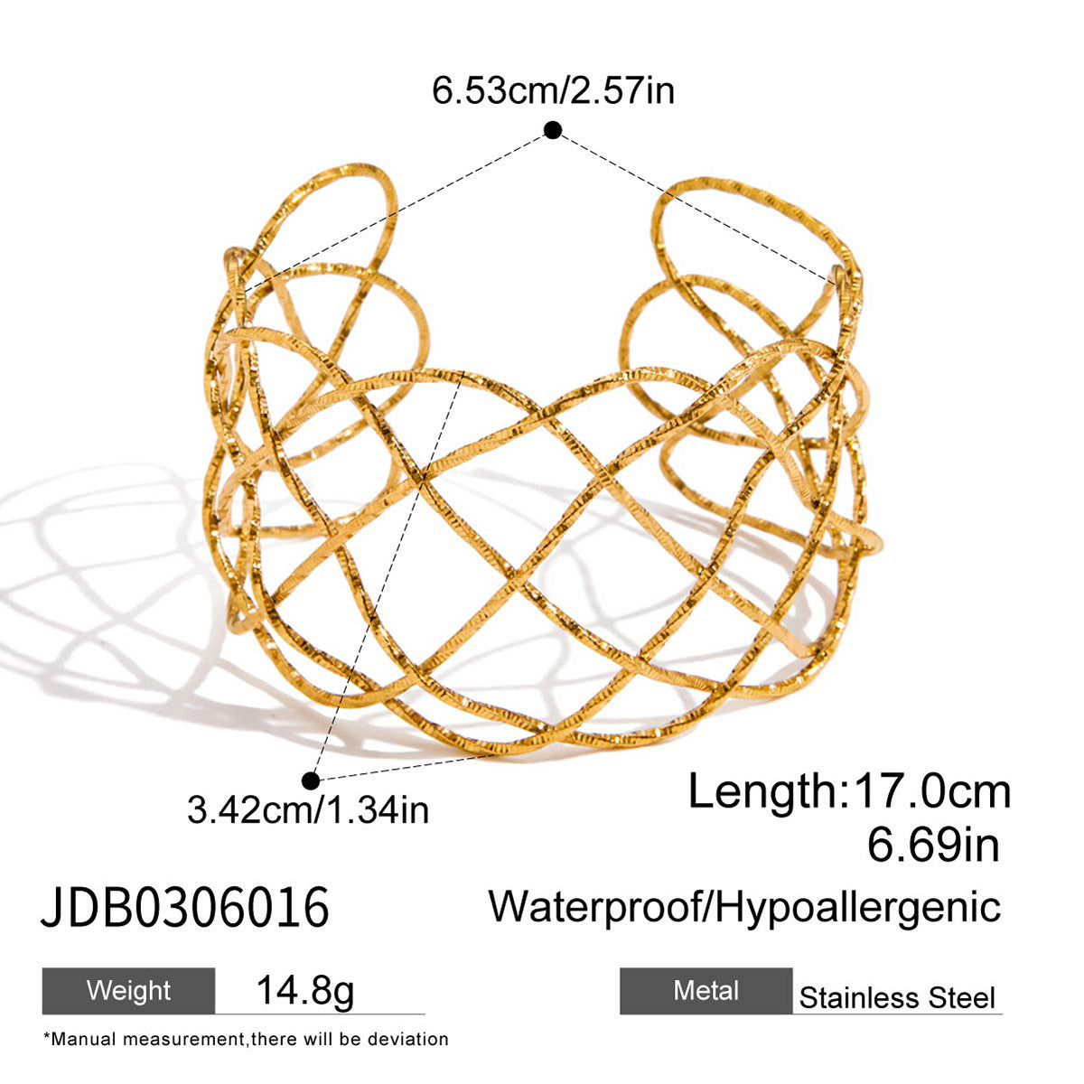 Pulsera Abierta de Tres Capas de Acero Inoxidable Martillado Calado con Diseño de Pez para Mujer