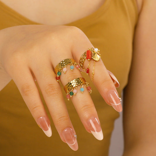 Ins Style Geometric Stainless Steel Ring with 18K Gold Plating, Natural Stone and Shell Accents, Adjustable Tassel Band