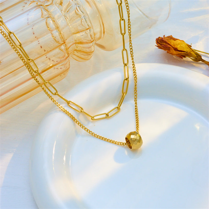 Minimalist Luxury Double-Layer Titanium Steel Necklace with Faceted Round Pendant and Adjustable Chain for Women