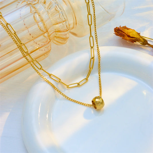 Collana Minimalista di Lusso a Doppio Strato in Acciaio al Titanio con Ciondolo Rotondo Sfaccettato e Catena Regolabile da Donna
