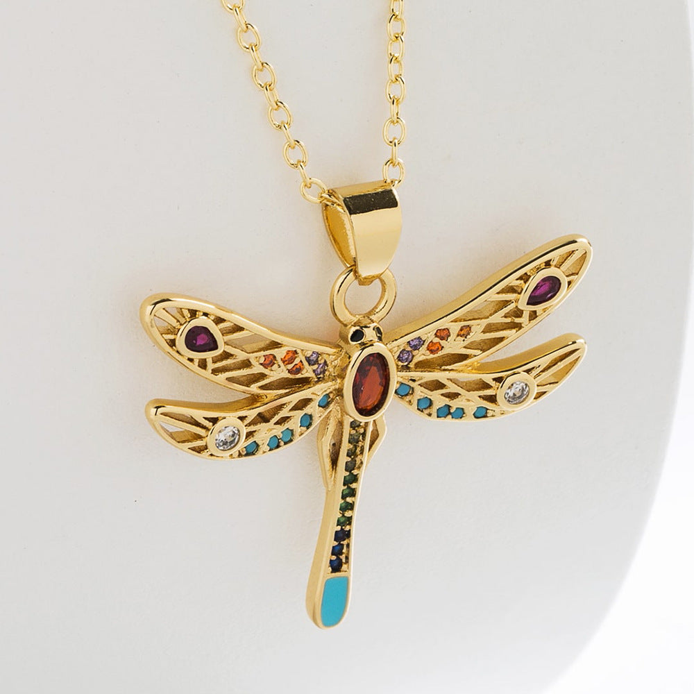 Elegant French-Style Dragonfly Pendant Necklace for Women in Copper with Real Gold Plating and Zircon Inlay
