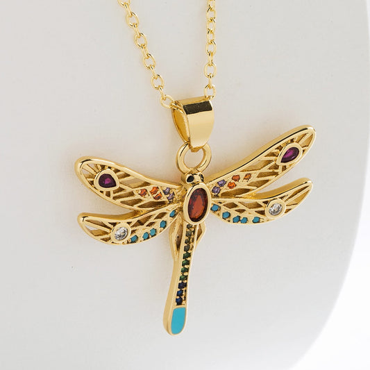 Elegante Collana Pendente con Libellula in Stile Francese da Donna in Rame con Placcatura in Oro Vero e Intarsio di Zirconi