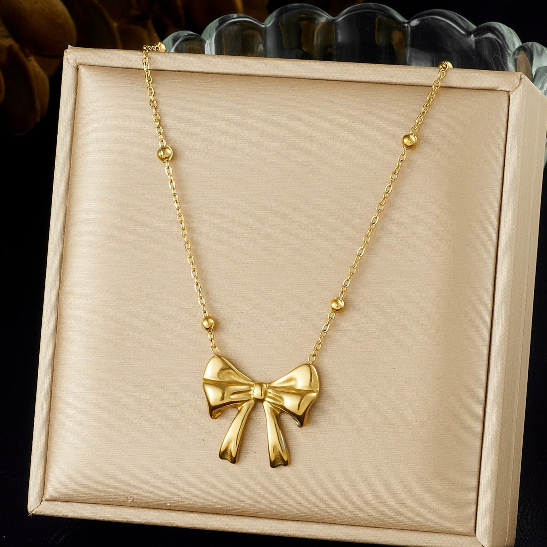 Irregular Bow Knot Heart Pendant Plated Stainless Steel Necklace with Chain Tassel for Women