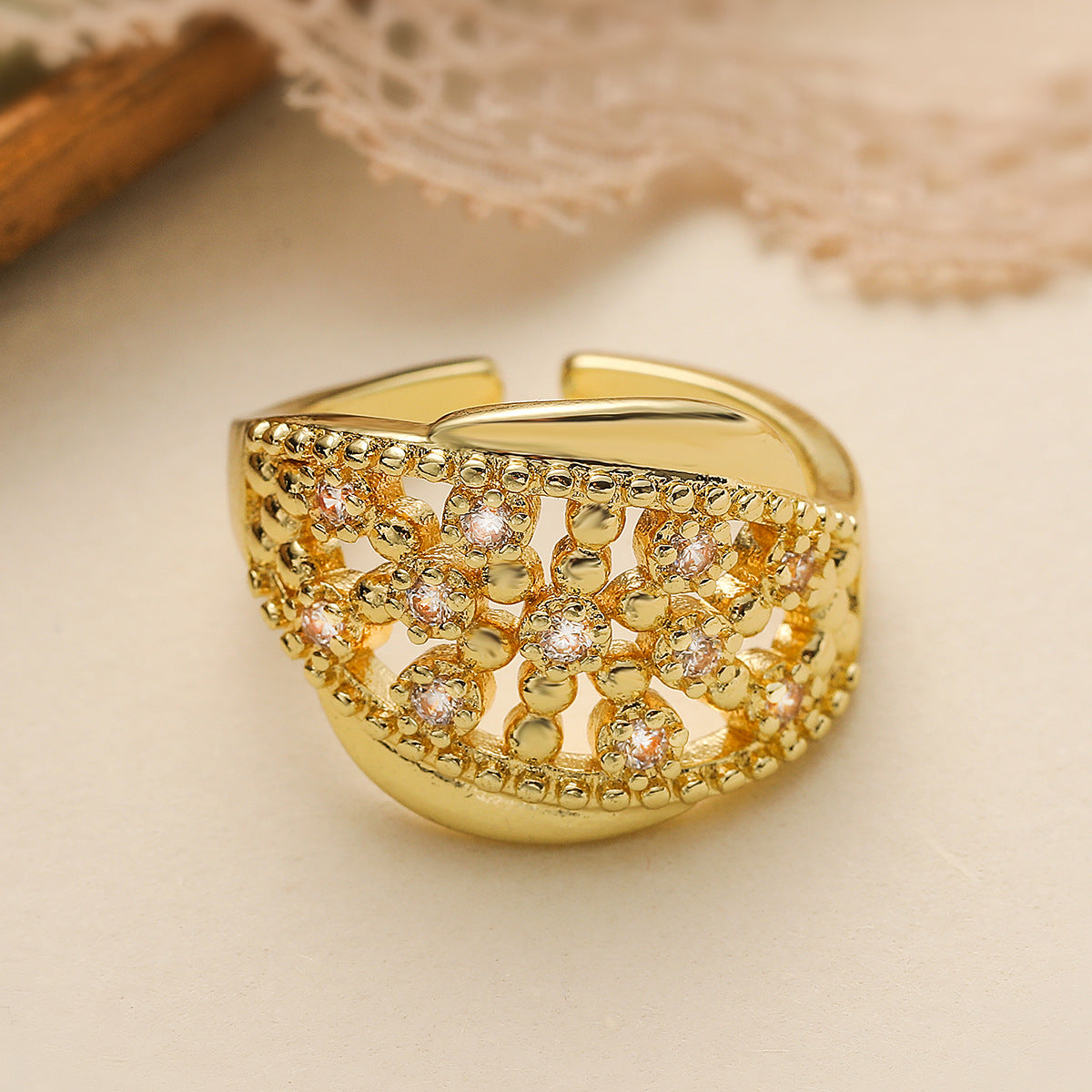 Minimalist Geometric Open Ring for Women in Brass with Real Gold Plating and Micro-Paved Zirconia