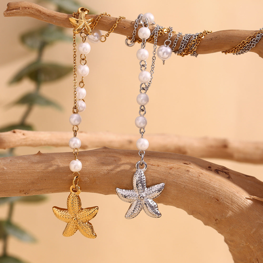 Collana pendente a forma di stella marina asimmetrica vintage con catena in acciaio inossidabile e placcatura in oro 18 carati con dettagli in perle