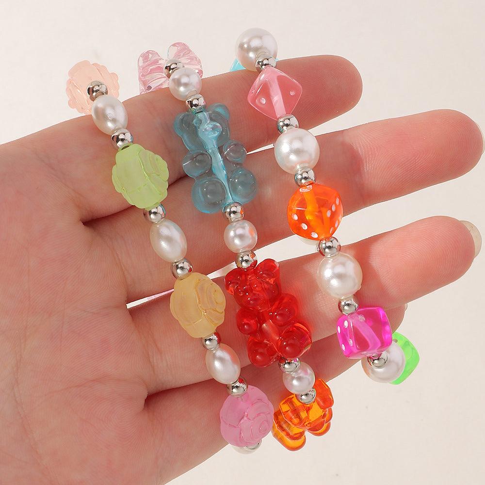 Pulsera de flores con dados de oso transparente de resina artesanal de color caramelo para niñas