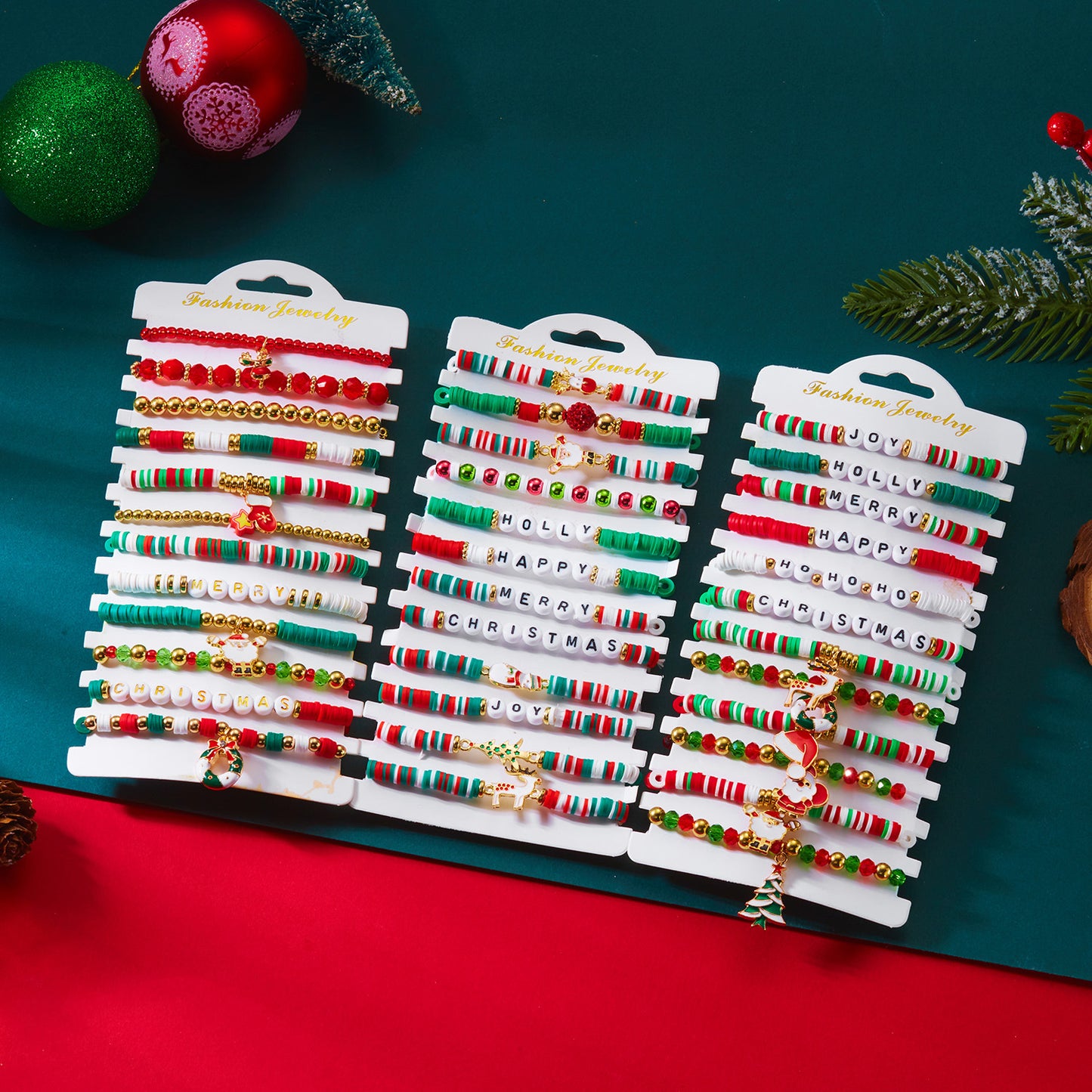Handmade Polymer Clay Christmas Bracelet Set with Reindeer and Santa Pendant Alloy Chain for Women