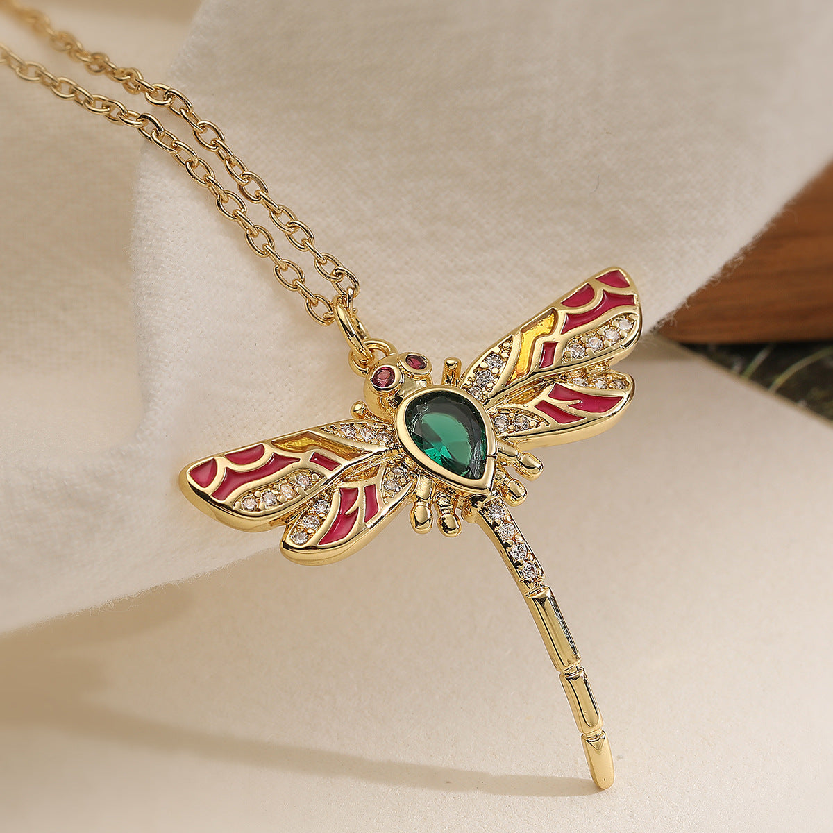 Minimalist 18K Gold Plated Brass Drip Oil Dragonfly Pendant Necklace with Cubic Zirconia for Women