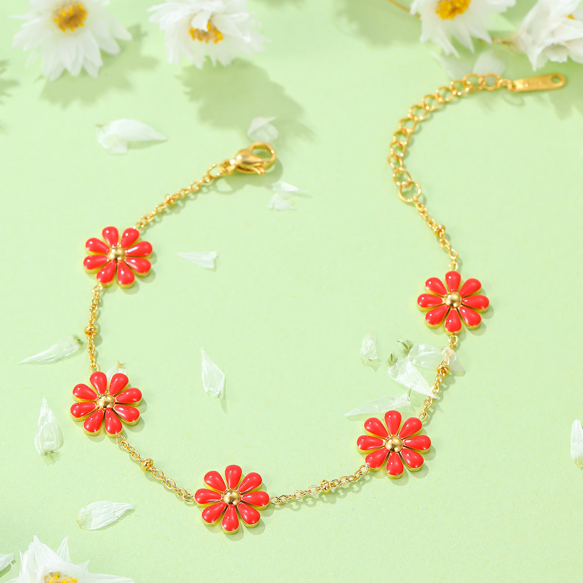 Minimalist Daisy Enamel Titanium Steel Bracelet Set with Matching Flower Ring for Women