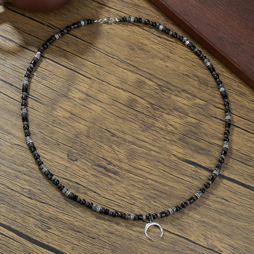 Vintage Geometric Moon Pendant Alloy and Agate Beaded Necklace for Unisex