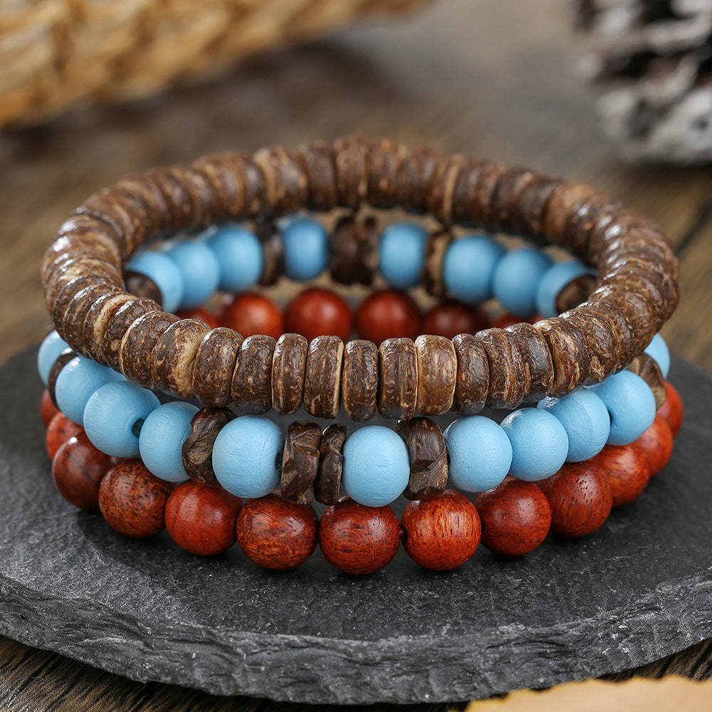 Vintage Round Wood and Agate Beaded Bracelet for Men and Women