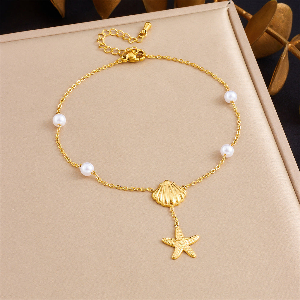 Double Layer Stainless Steel Anklet with Rhinestone Cherry Starfish Flower and Star Moon Charms for Women