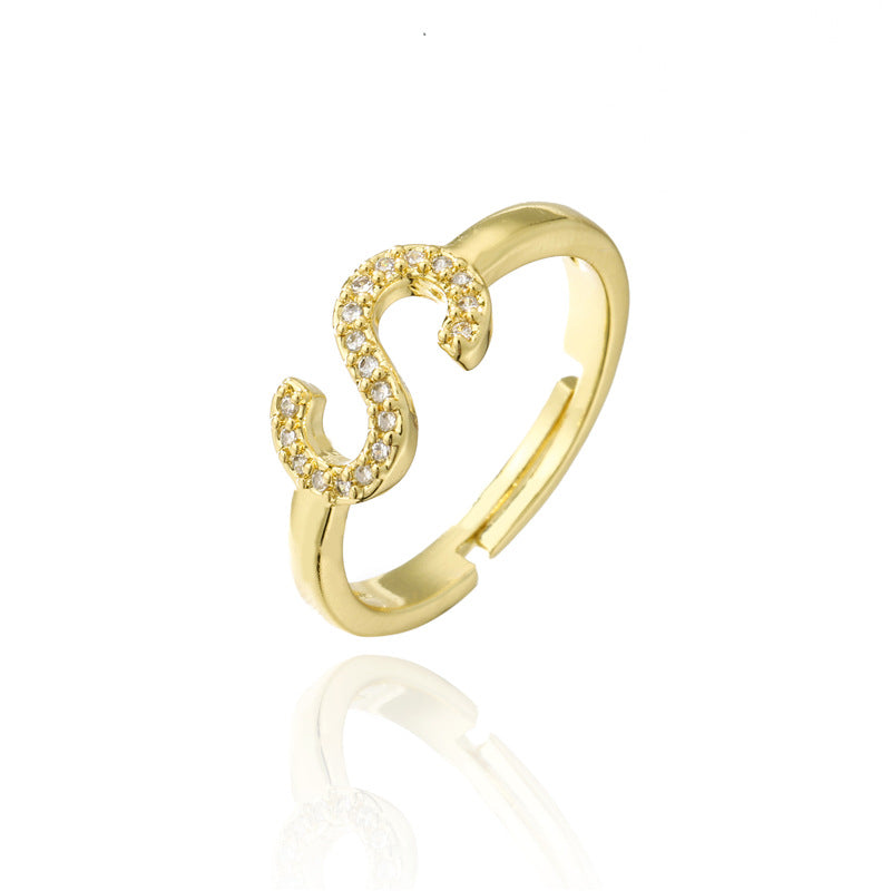 Fashion 18K Gold Plated Brass Micro-inlay Letter Ring Adjustable Open Band for Women
