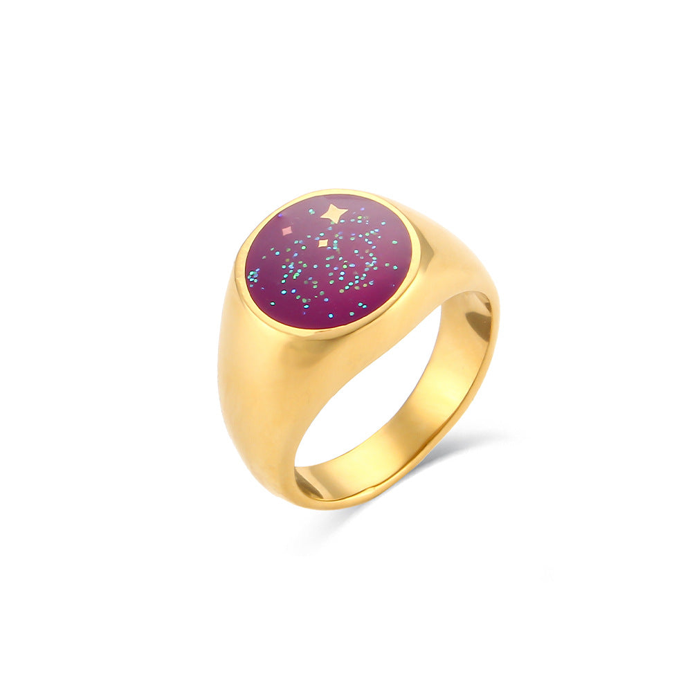 Anillo de Acero Inoxidable Geométrico Chapado con Sol y Luna para Mujer con Acabado Esmaltado
