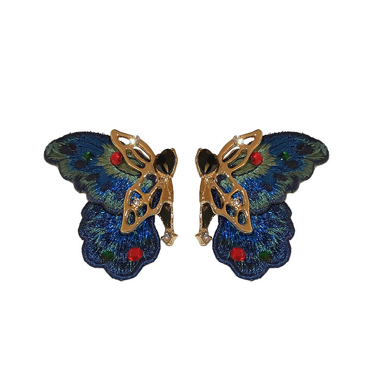 Orecchini da donna in tessuto ricamato a forma di cuore e farfalla in stile vintage con intarsio di strass