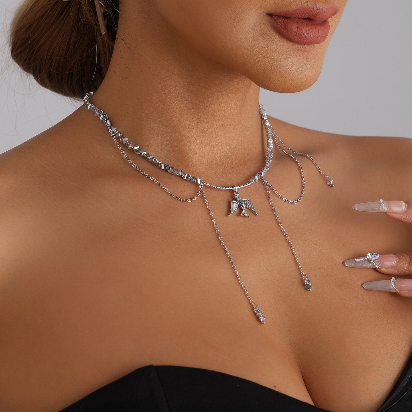 Fashion Faceted Triangle Crystal Bird Tassel Alloy Necklace for Women