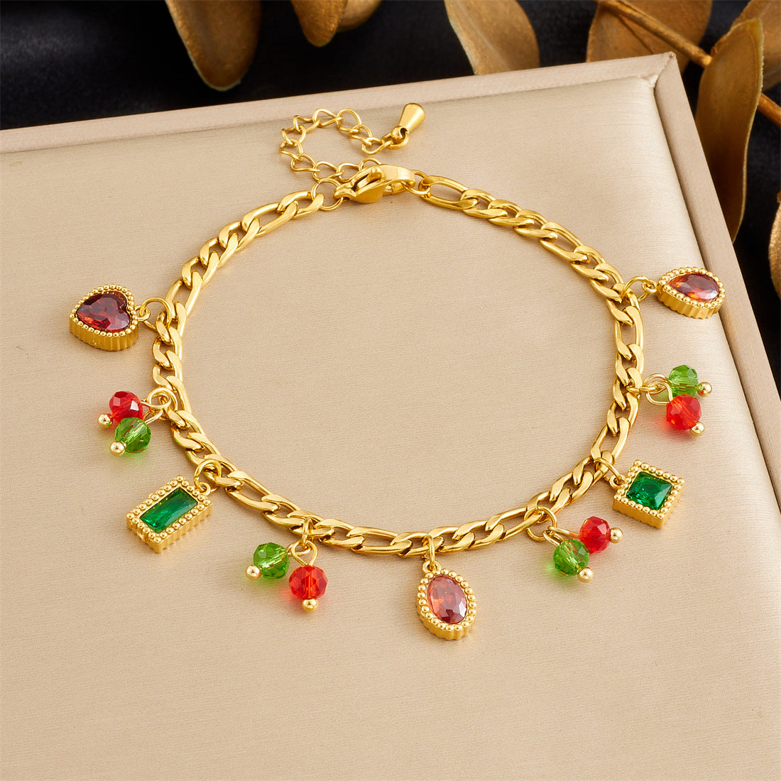 Minimalist Sweet Stainless Steel Drip Oil Plated Heart Floral Fruit Rhinestone Bracelet