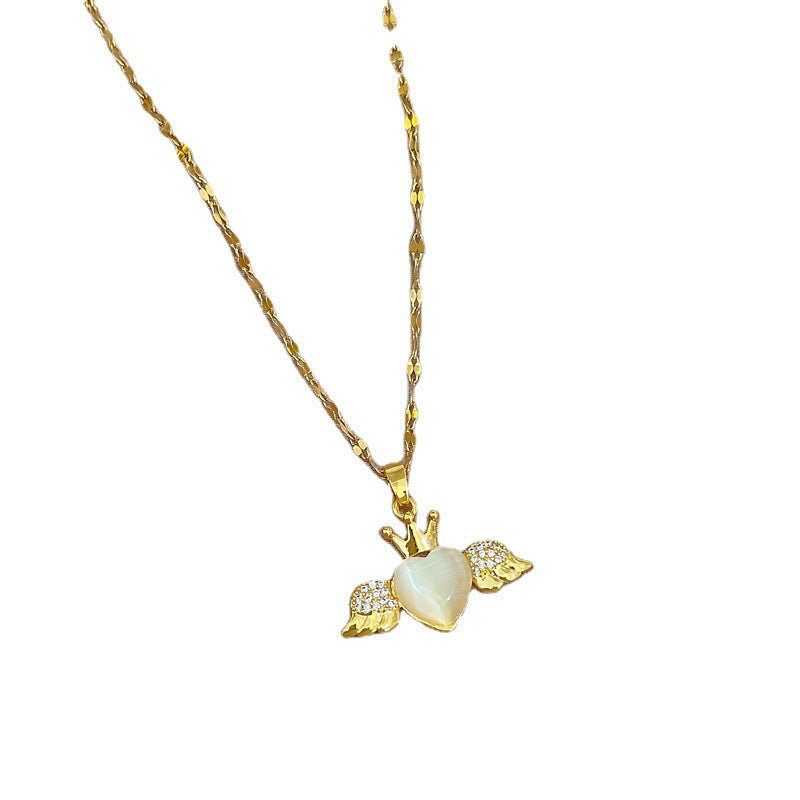Luxury Minimalist Titanium Steel Cat's Eye Stone Heart Pendant Necklace for Women Delicate Clavicle Chain with Geometric Design