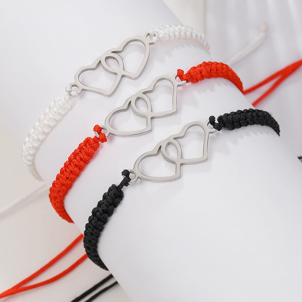 Handmade Stainless Steel Double Heart Bracelet Unisex Adjustable Red Cord Friendship Jewelry