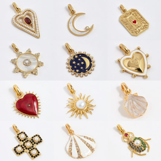 Elegant 14K Gold Plated Brass Heart Moon Cubic Zirconia Pendant Charm Bar