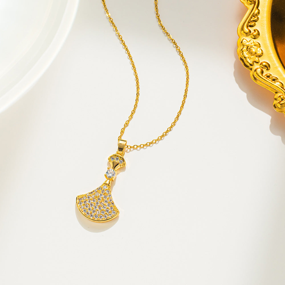 Luxury Rhinestone-Encrusted Titanium Steel Necklace for Women with Fan-Shaped Skirt Pendant and Polished Ball Chain