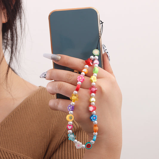 Laccetto da telefono minimalista arcobaleno con perline e charm a cuore da donna Ciondolo in acrilico Catena placcata
